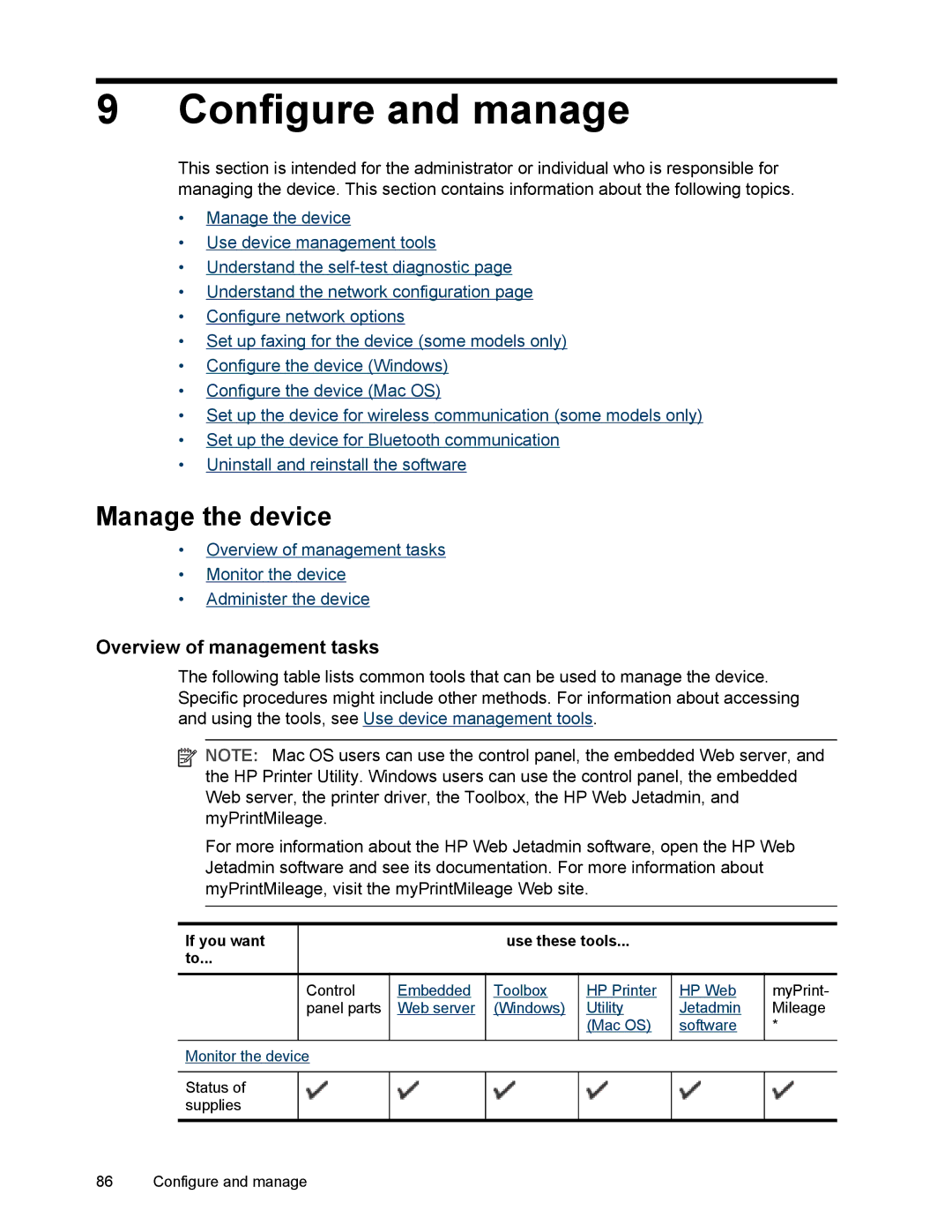 HP L7500 manual Configure and manage, Manage the device, Overview of management tasks 