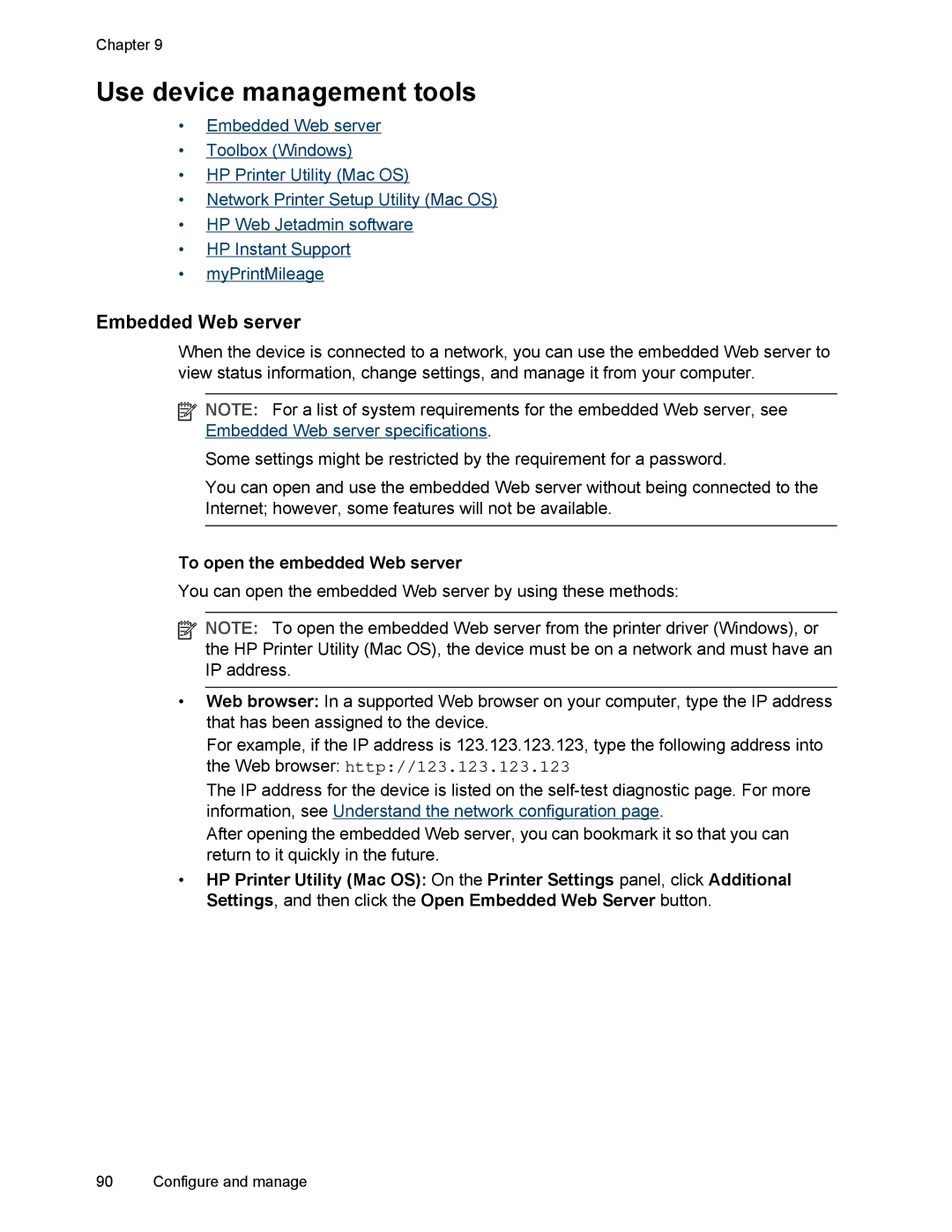 HP L7500 manual Use device management tools, Embedded Web server, To open the embedded Web server 