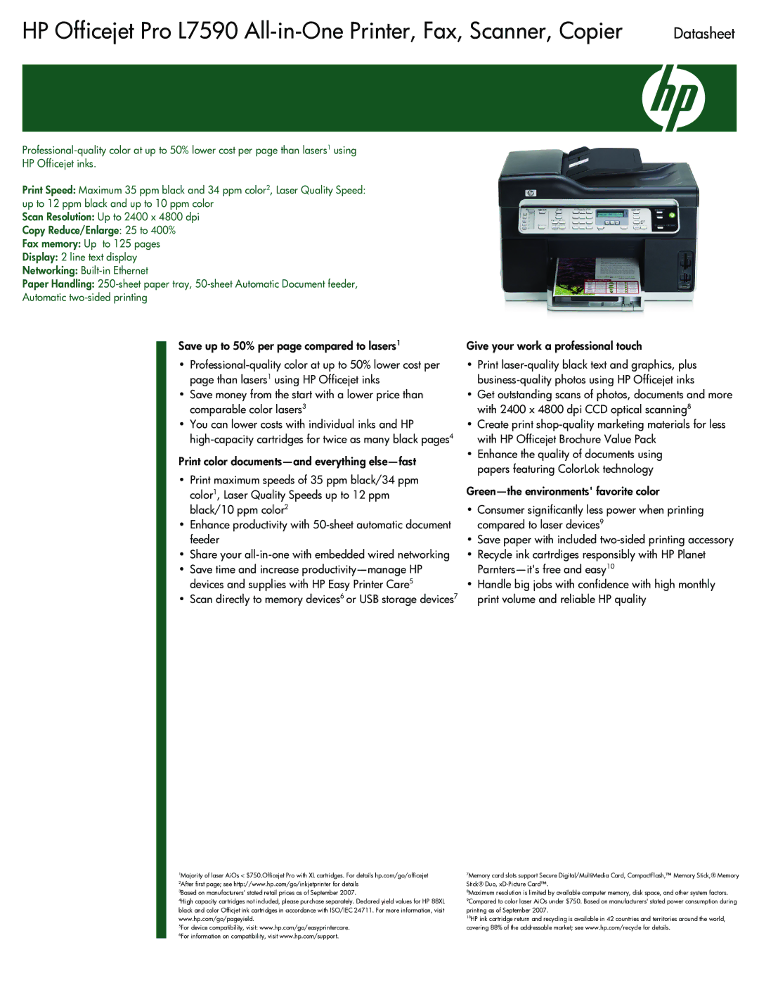 HP L7590 manual Datasheet, Give your work a professional touch 