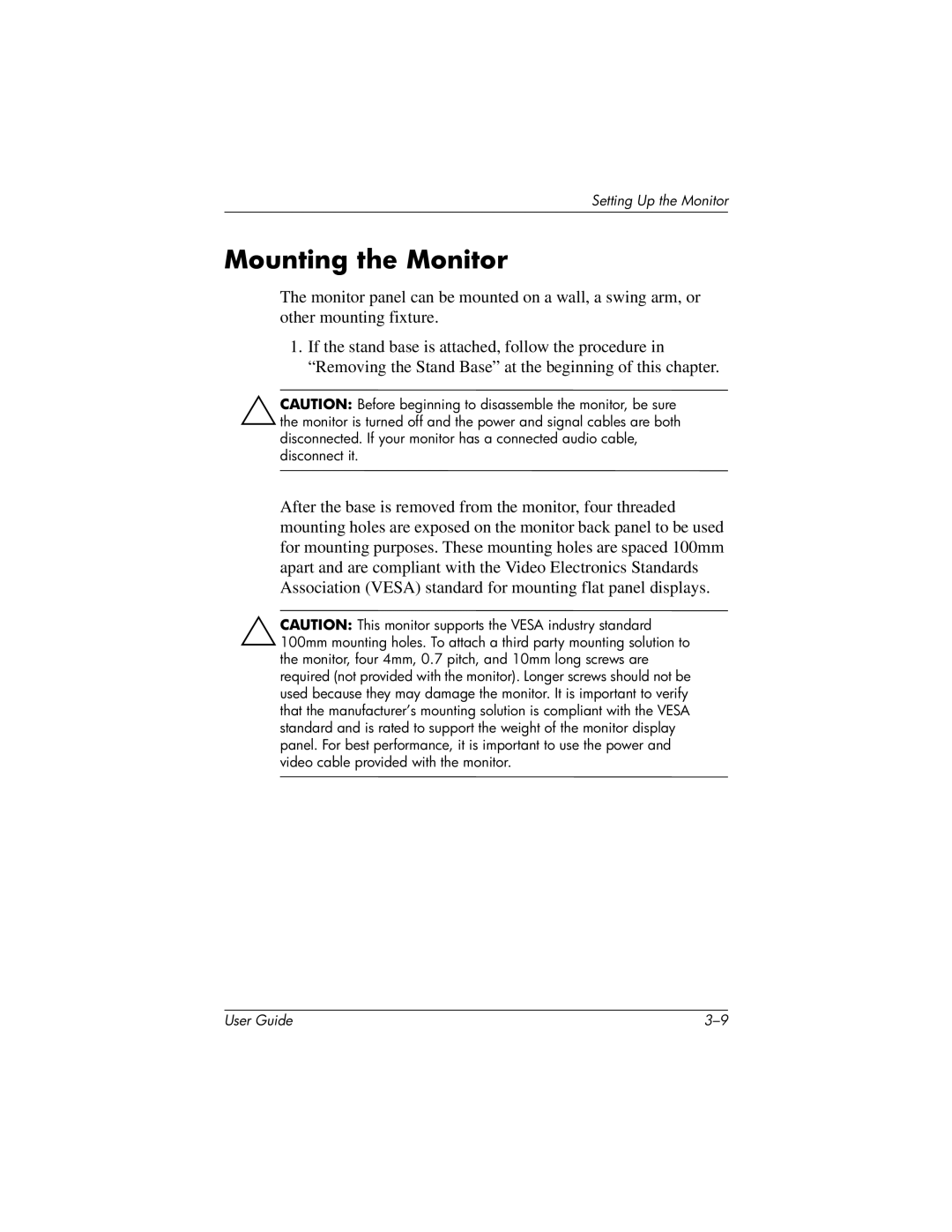 HP L919g manual Mounting the Monitor 