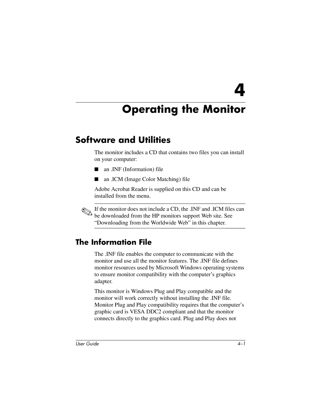 HP L919g manual Operating the Monitor, Software and Utilities, Information File 