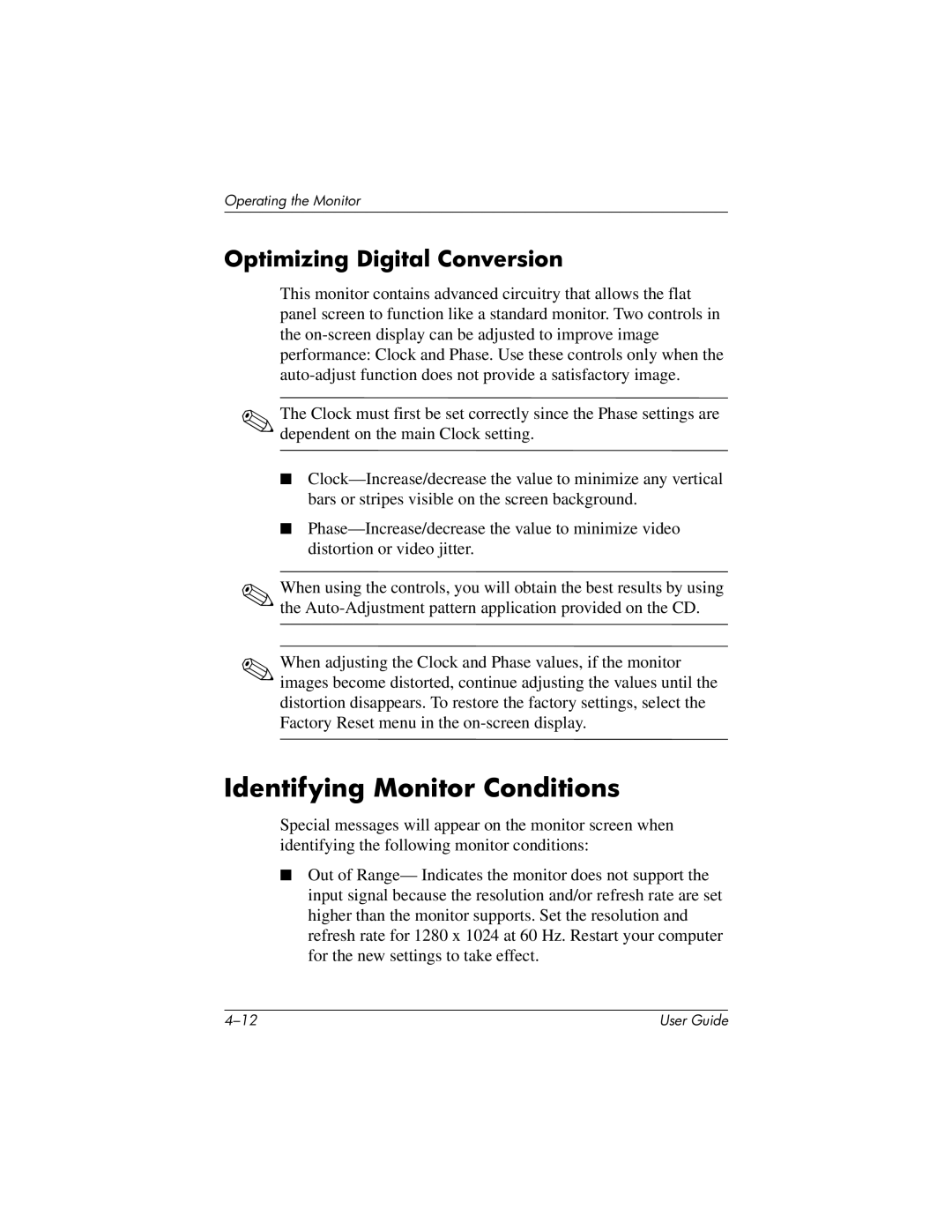 HP L919g manual Identifying Monitor Conditions, Optimizing Digital Conversion 