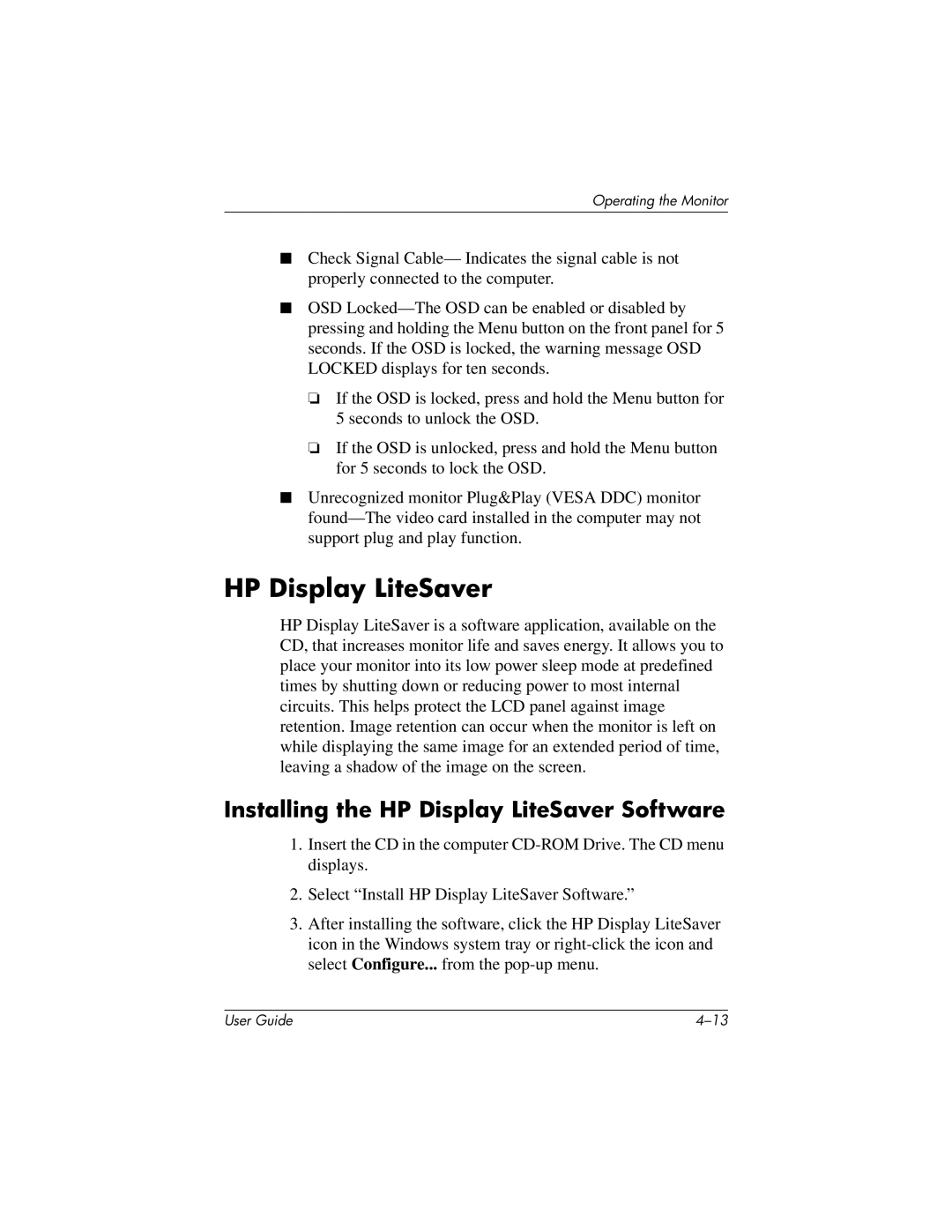 HP L919g manual Installing the HP Display LiteSaver Software 