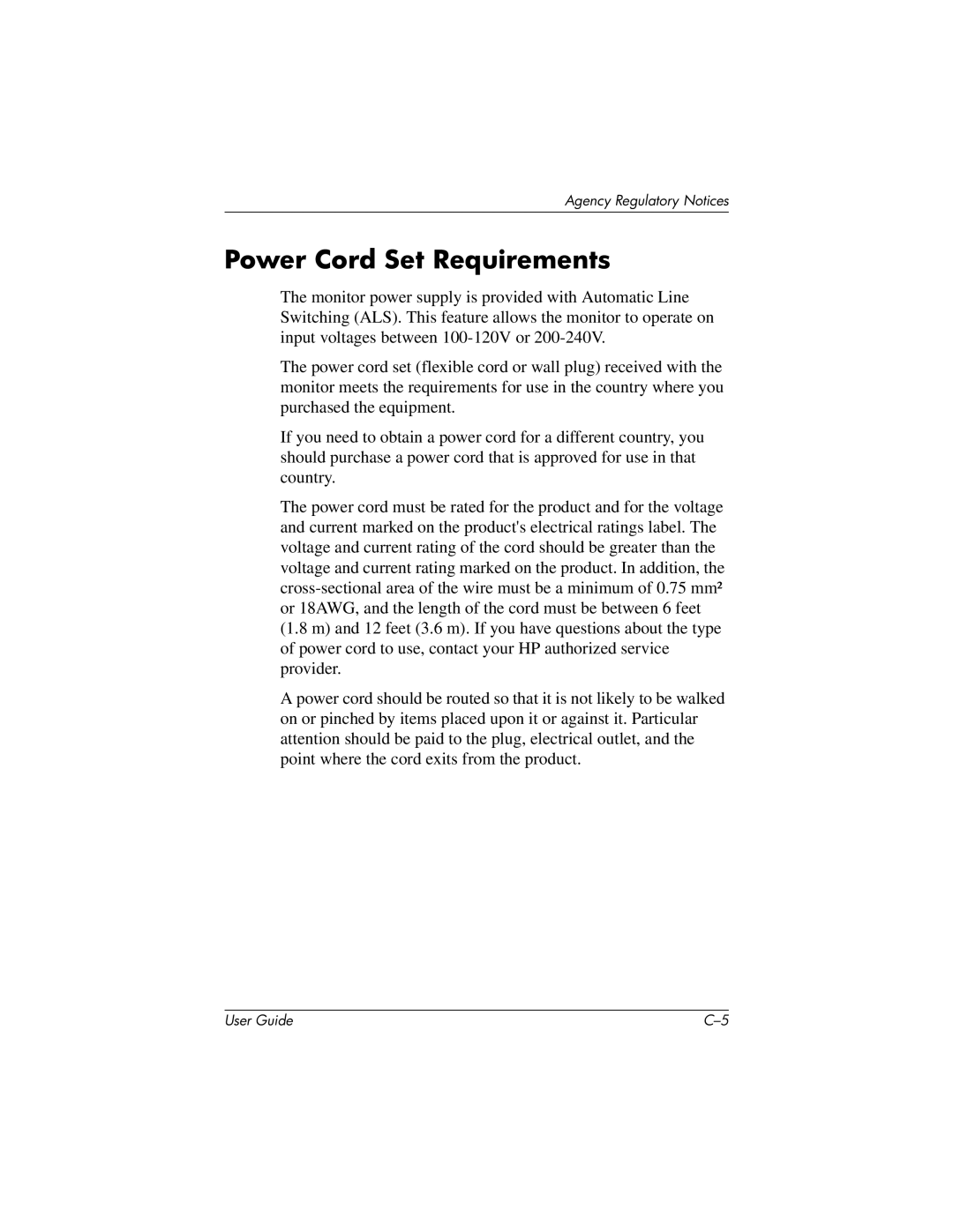 HP L919g manual Power Cord Set Requirements 