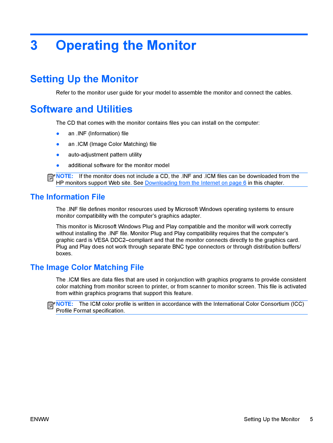 HP LA1905wg 19-inch manual Operating the Monitor, Setting Up the Monitor, Software and Utilities, Information File 