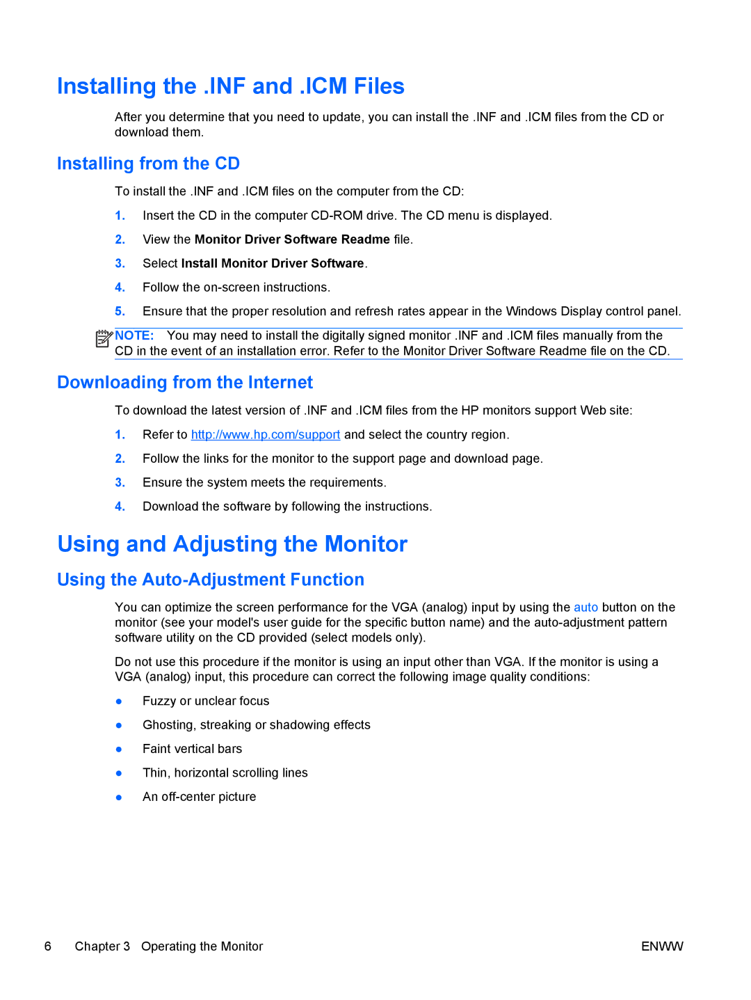 HP LA1905wg 19-inch manual Installing the .INF and .ICM Files, Using and Adjusting the Monitor, Installing from the CD 