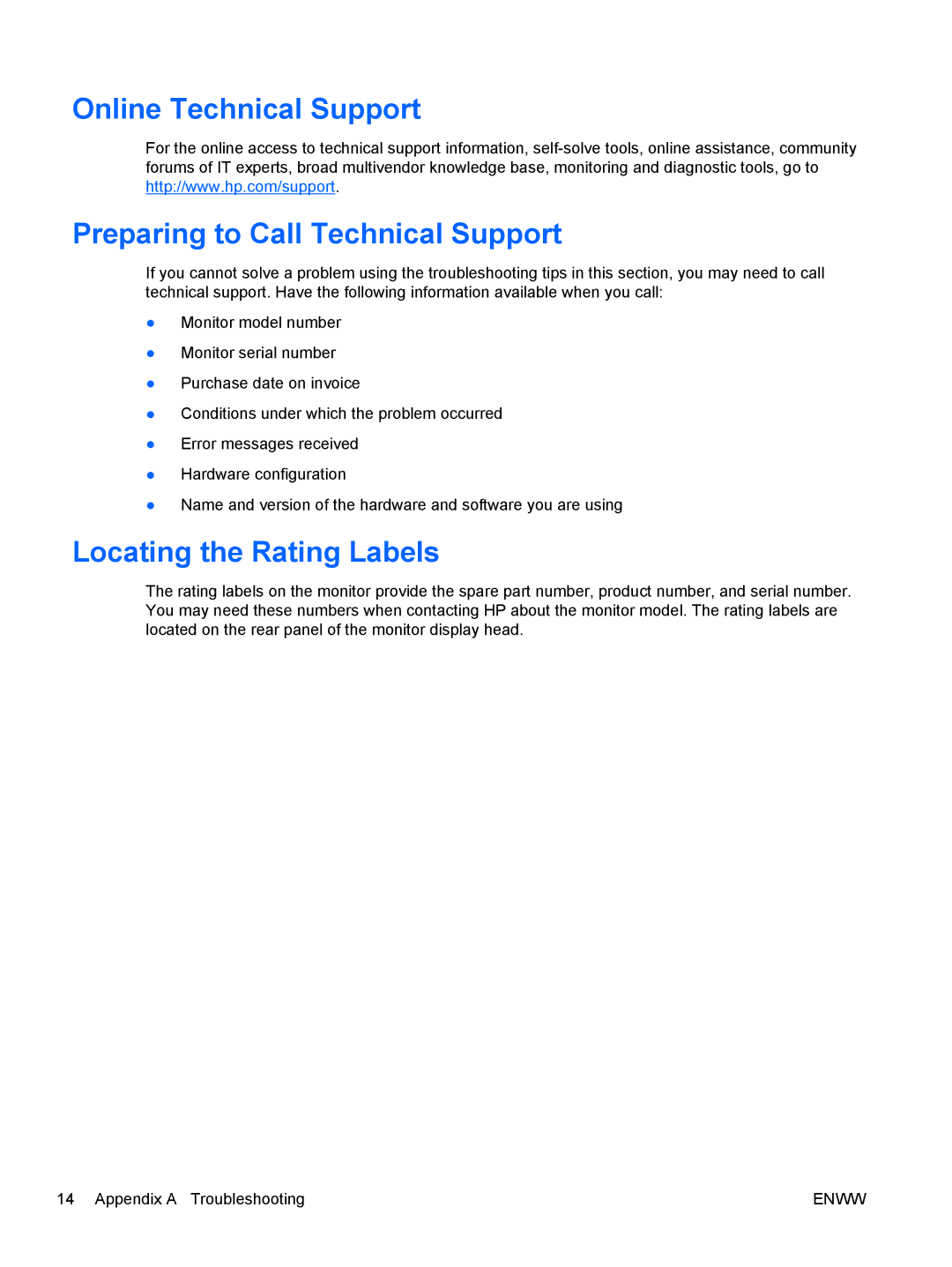 HP LA1905wg 19-inch manual Online Technical Support Preparing to Call Technical Support, Locating the Rating Labels 