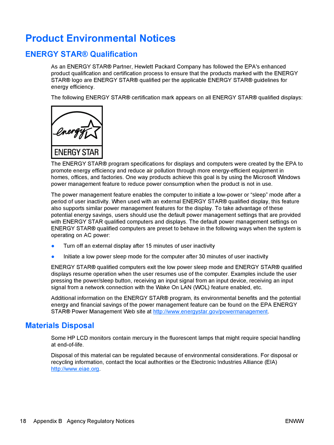 HP LA1905wg 19-inch manual Product Environmental Notices, Energy Star Qualification, Materials Disposal 