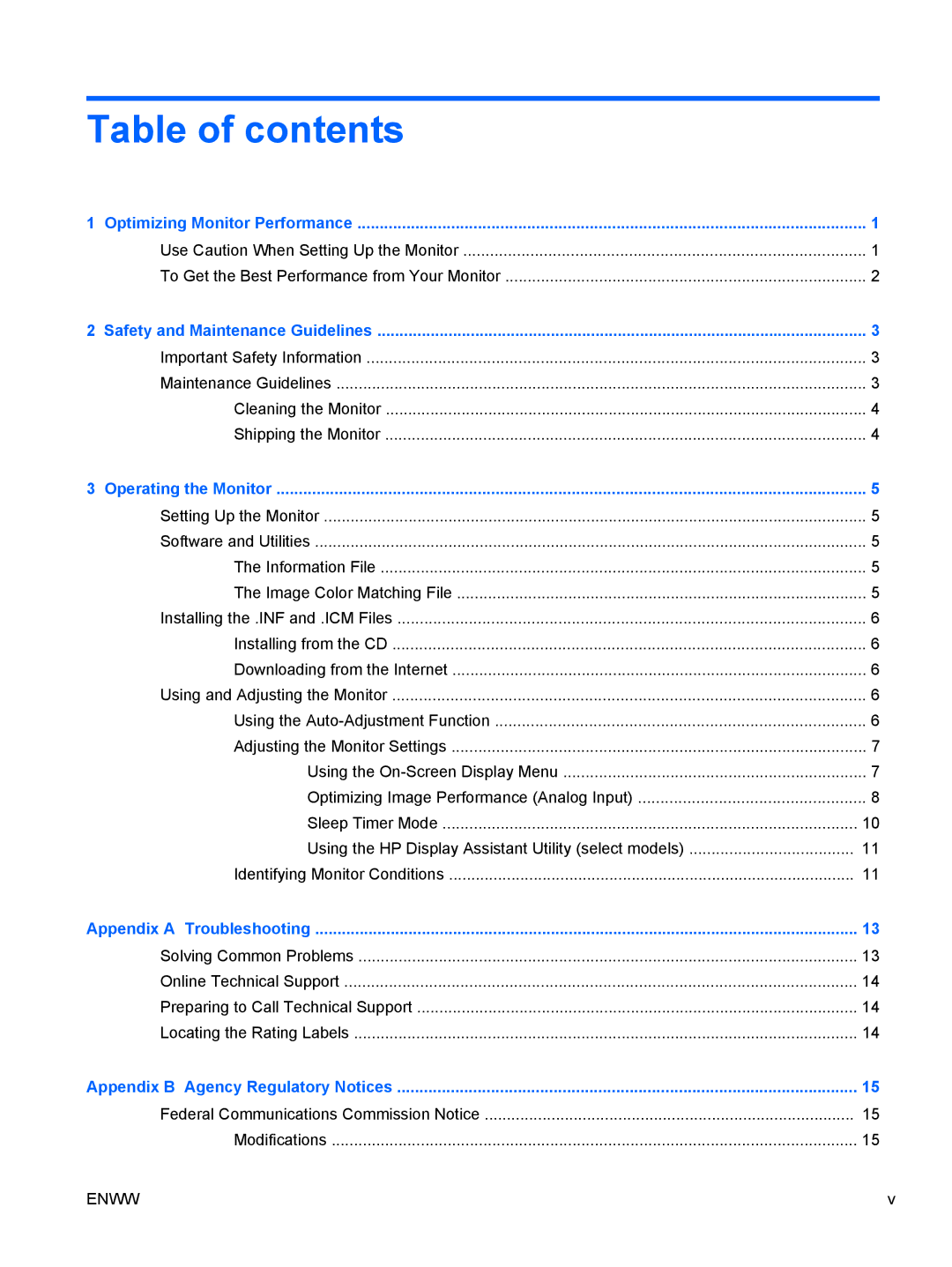 HP LA1905wg 19-inch manual Table of contents 