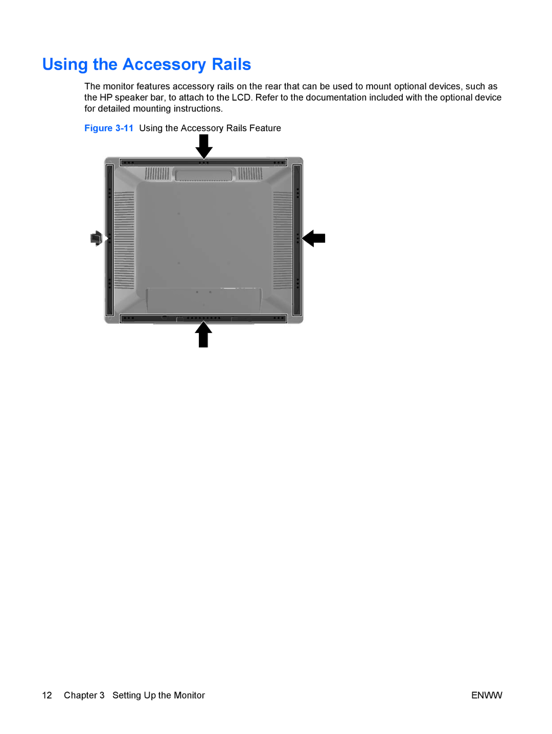 HP LA1951G, LA1751G manual 11Using the Accessory Rails Feature Setting Up the Monitor 