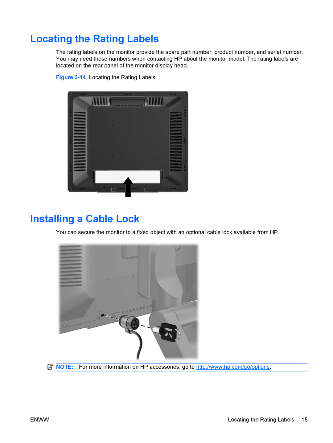 HP LA1751G, LA1951G manual Locating the Rating Labels, Installing a Cable Lock 