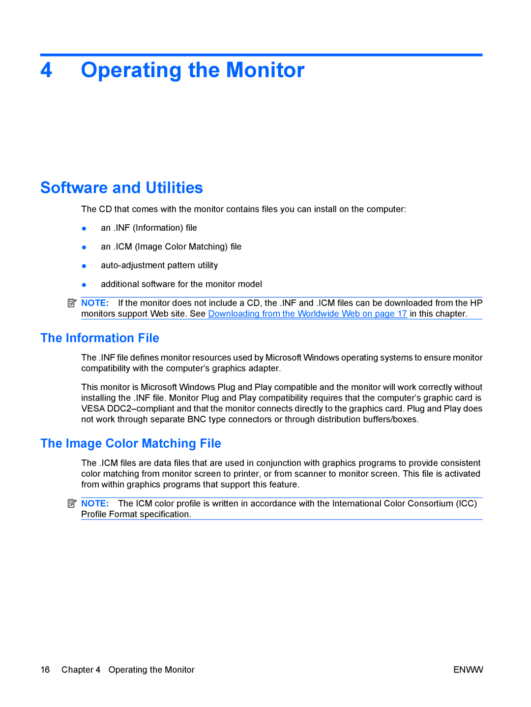 HP LA1951G, LA1751G manual Operating the Monitor, Software and Utilities, Information File, Image Color Matching File 