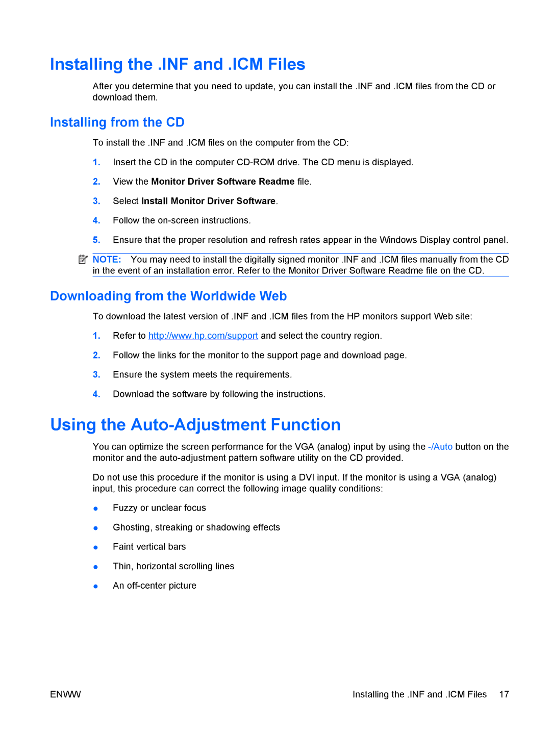 HP LA1751G, LA1951G manual Installing the .INF and .ICM Files, Using the Auto-Adjustment Function, Installing from the CD 