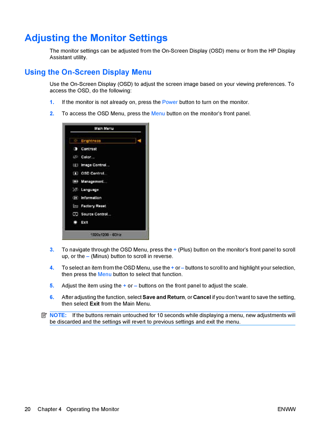 HP LA1951G, LA1751G manual Adjusting the Monitor Settings, Using the On-Screen Display Menu 