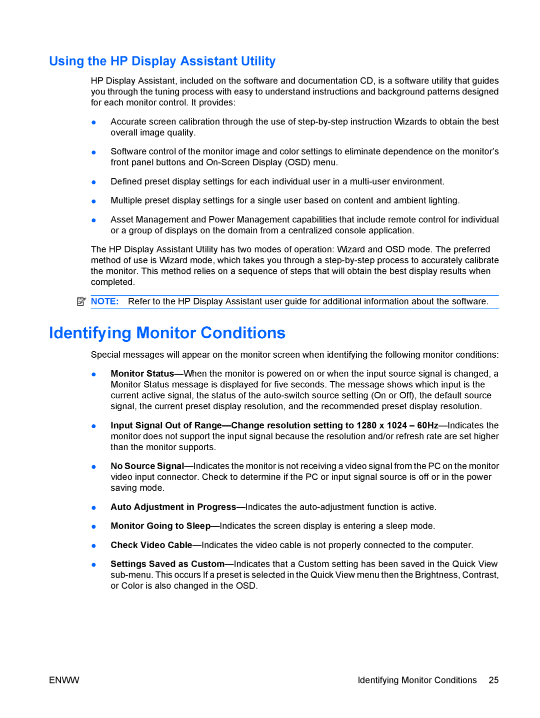 HP LA1751G, LA1951G manual Identifying Monitor Conditions, Using the HP Display Assistant Utility 
