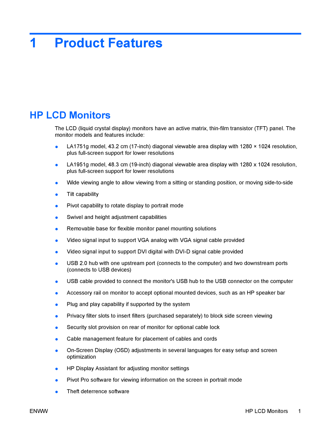 HP LA1751G, LA1951G manual Product Features, HP LCD Monitors 