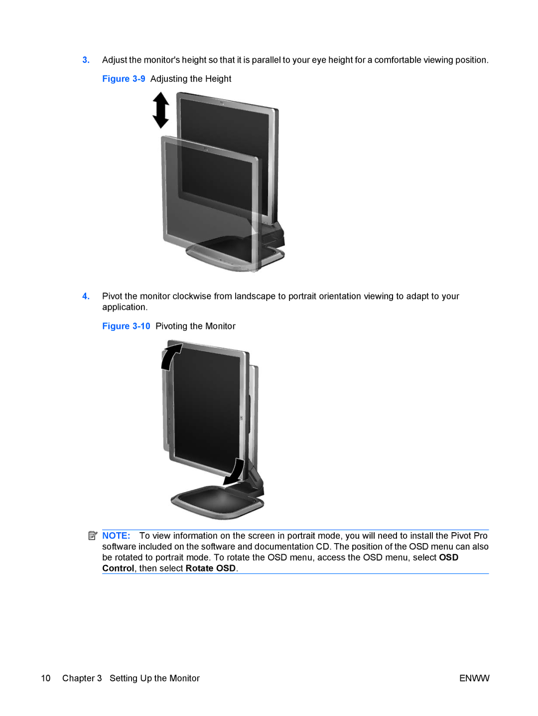 HP LA1951G, LA1751G manual 10Pivoting the Monitor Setting Up the Monitor 