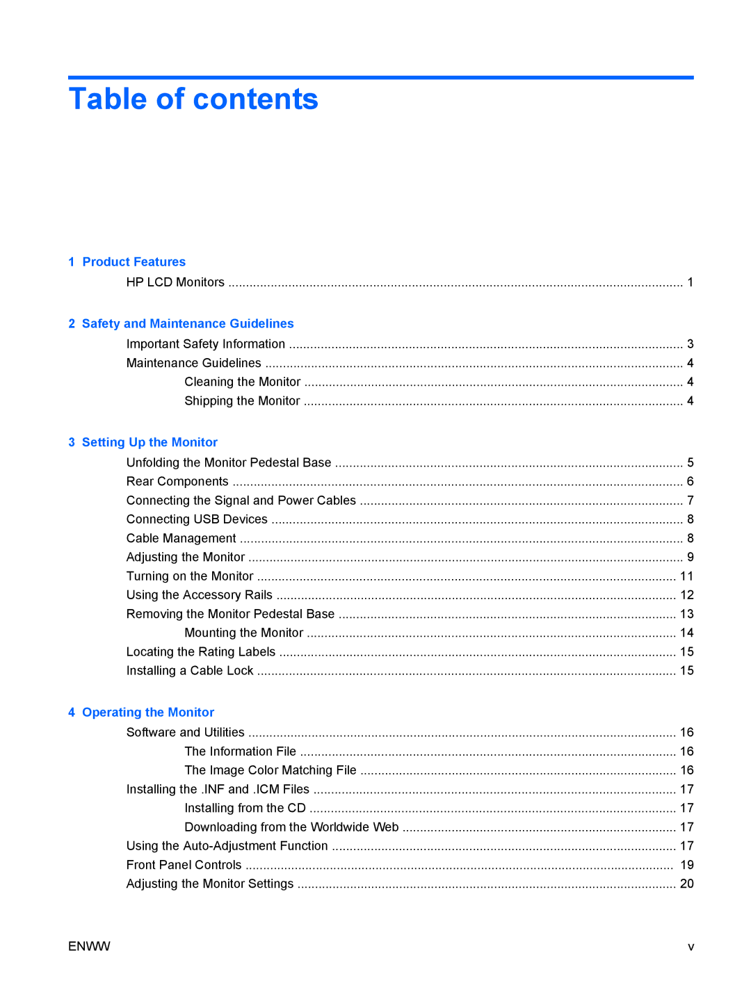 HP LA1751G, LA1951G manual Table of contents 