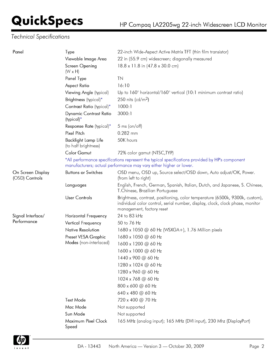 HP LA2205WG manual Technical Specifications 