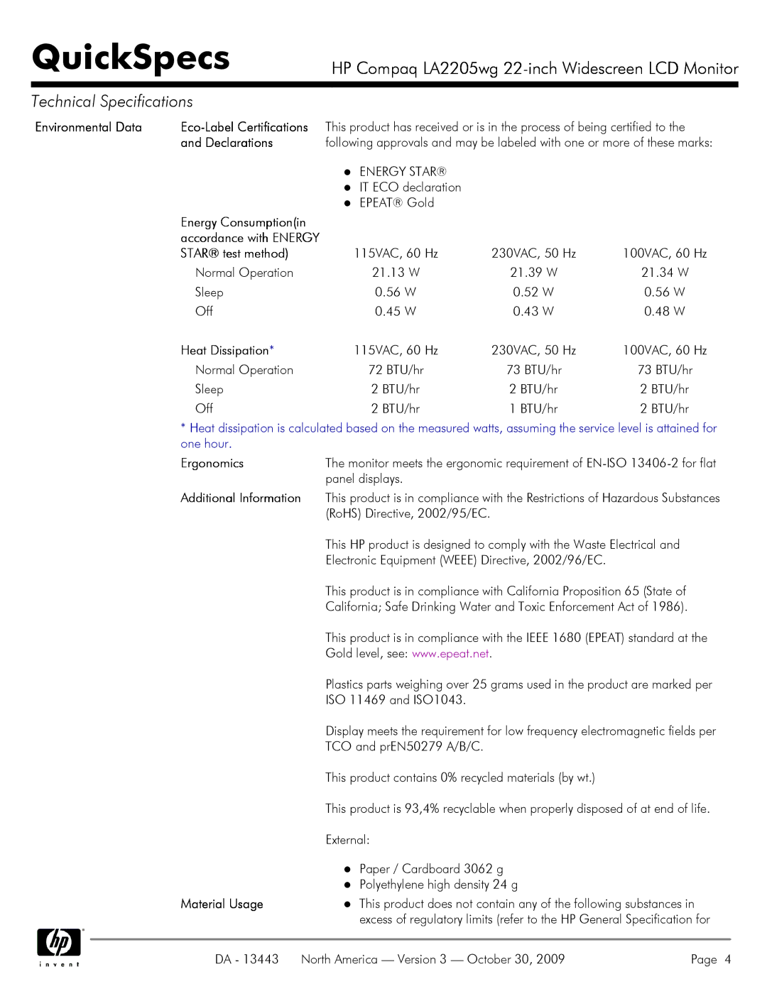 HP LA2205WG manual Environmental Data, Declarations, Energy Consumptionin, Star test method, Heat Dissipation, Ergonomics 