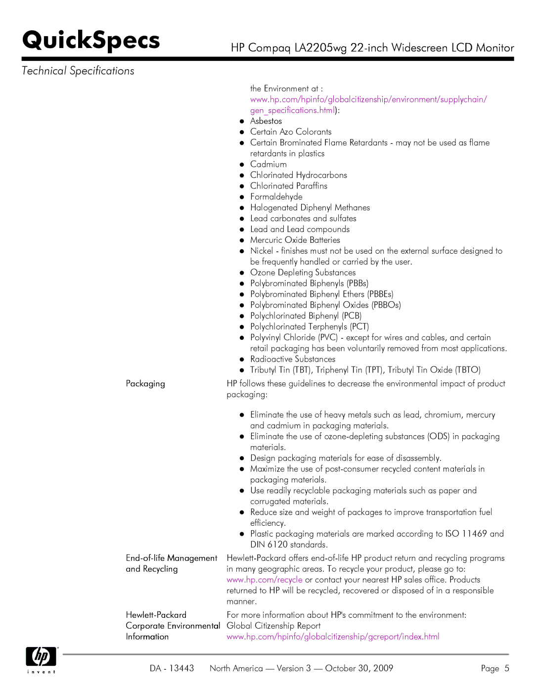 HP LA2205WG manual Packaging, Recycling, Hewlett-Packard, Information 