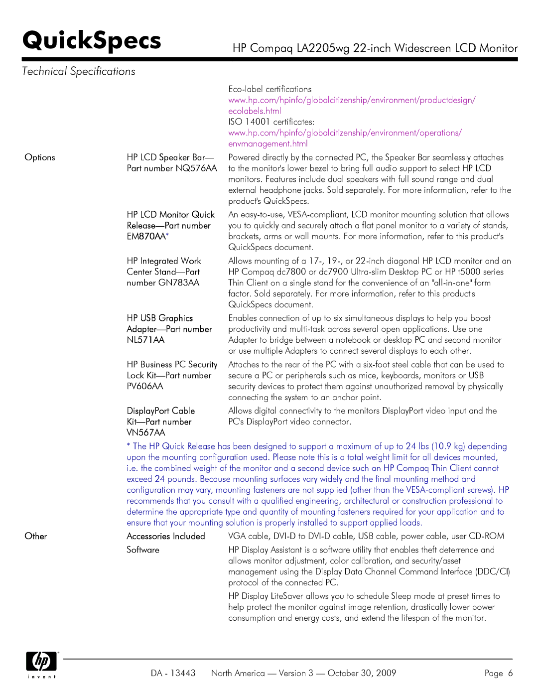 HP LA2205WG Options HP LCD Speaker Bar, Part number NQ576AA, HP LCD Monitor Quick, Release-Part number, EM870AA, Software 
