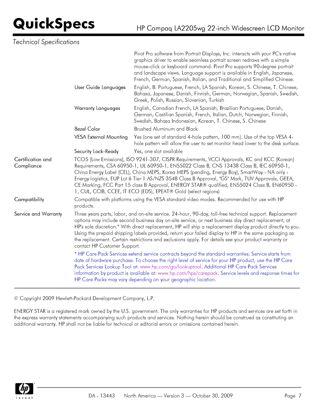 HP LA2205WG manual User Guide Languages, Warranty Languages, Bezel Color, Security Lock-Ready, Certification, Compliance 