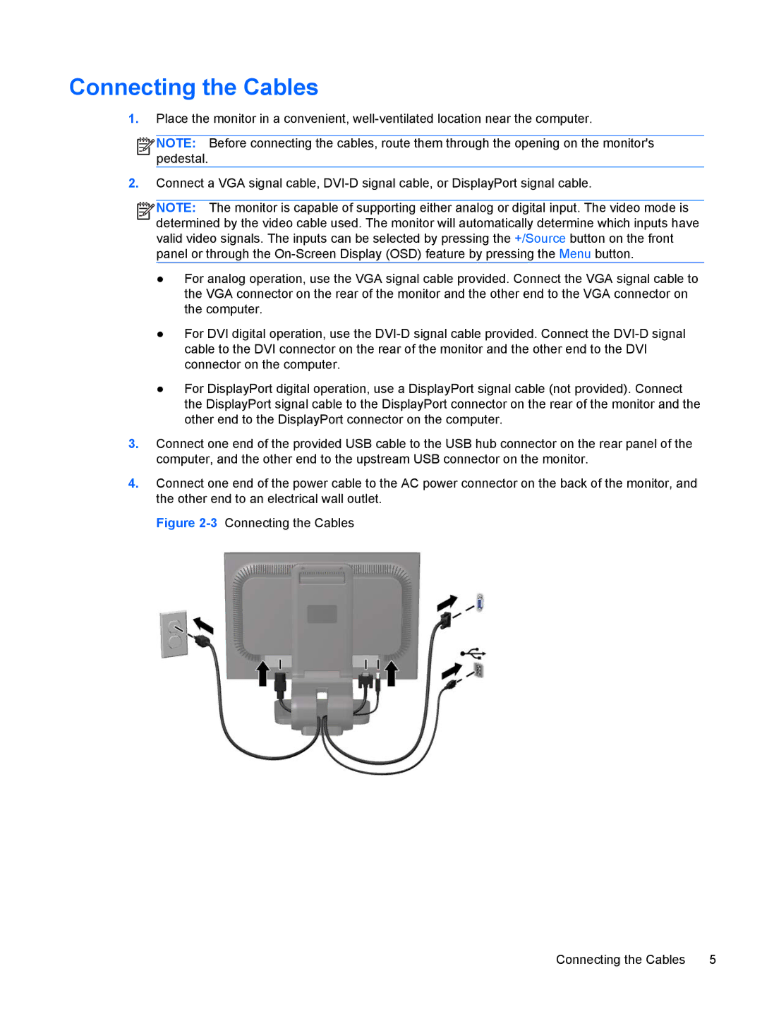 HP LA22F, LA2205WL, LA2205WG, LA2405x, LA2405wg, LA1905WL, LA1905WG manual 3Connecting the Cables 