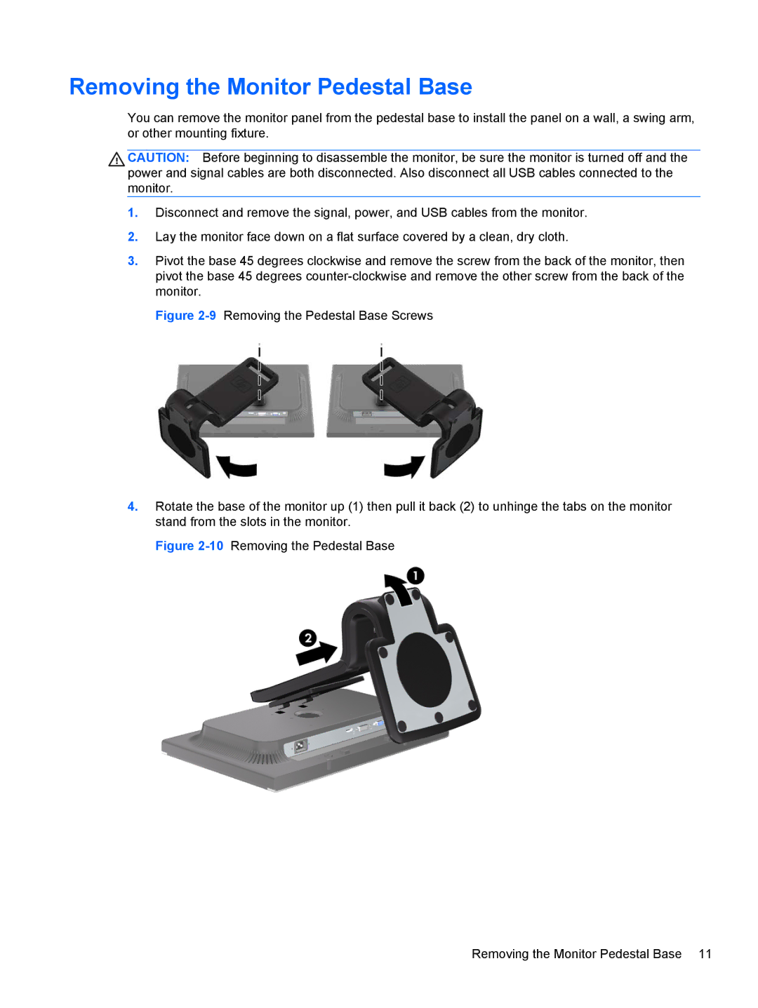 HP LA2405wg, LA2205WL, LA2205WG, LA2405x, LA22F, LA1905WL, LA1905WG manual Removing the Monitor Pedestal Base 