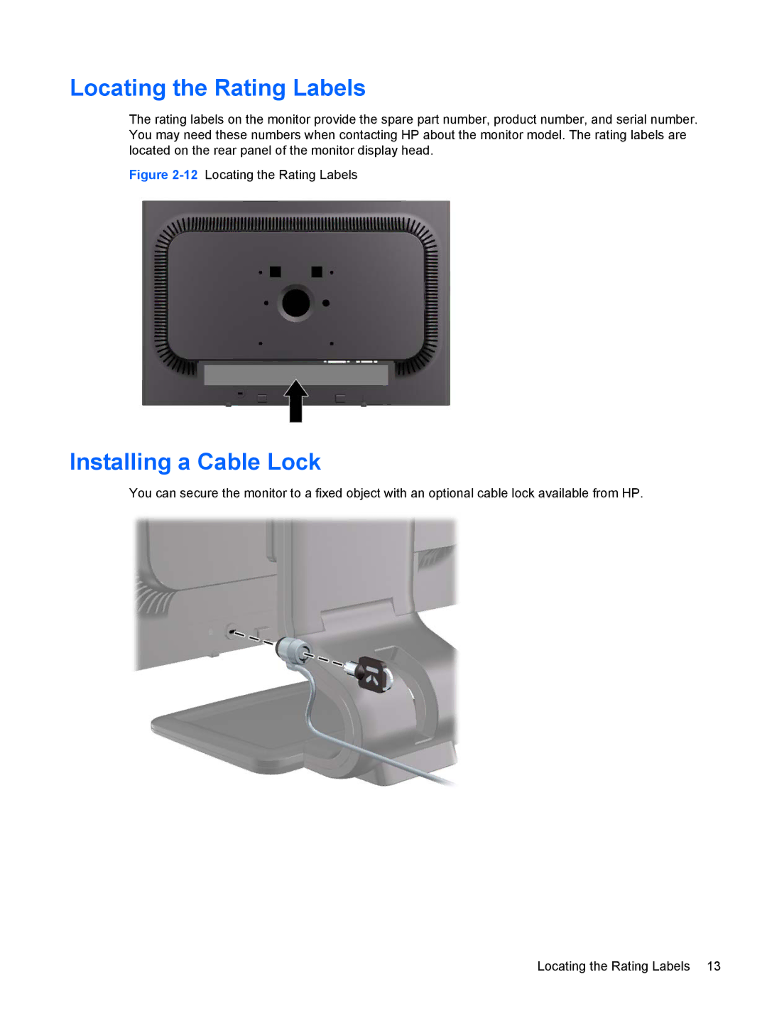 HP LA1905WL, LA2205WL, LA2205WG, LA2405x, LA2405wg, LA22F, LA1905WG manual Locating the Rating Labels, Installing a Cable Lock 