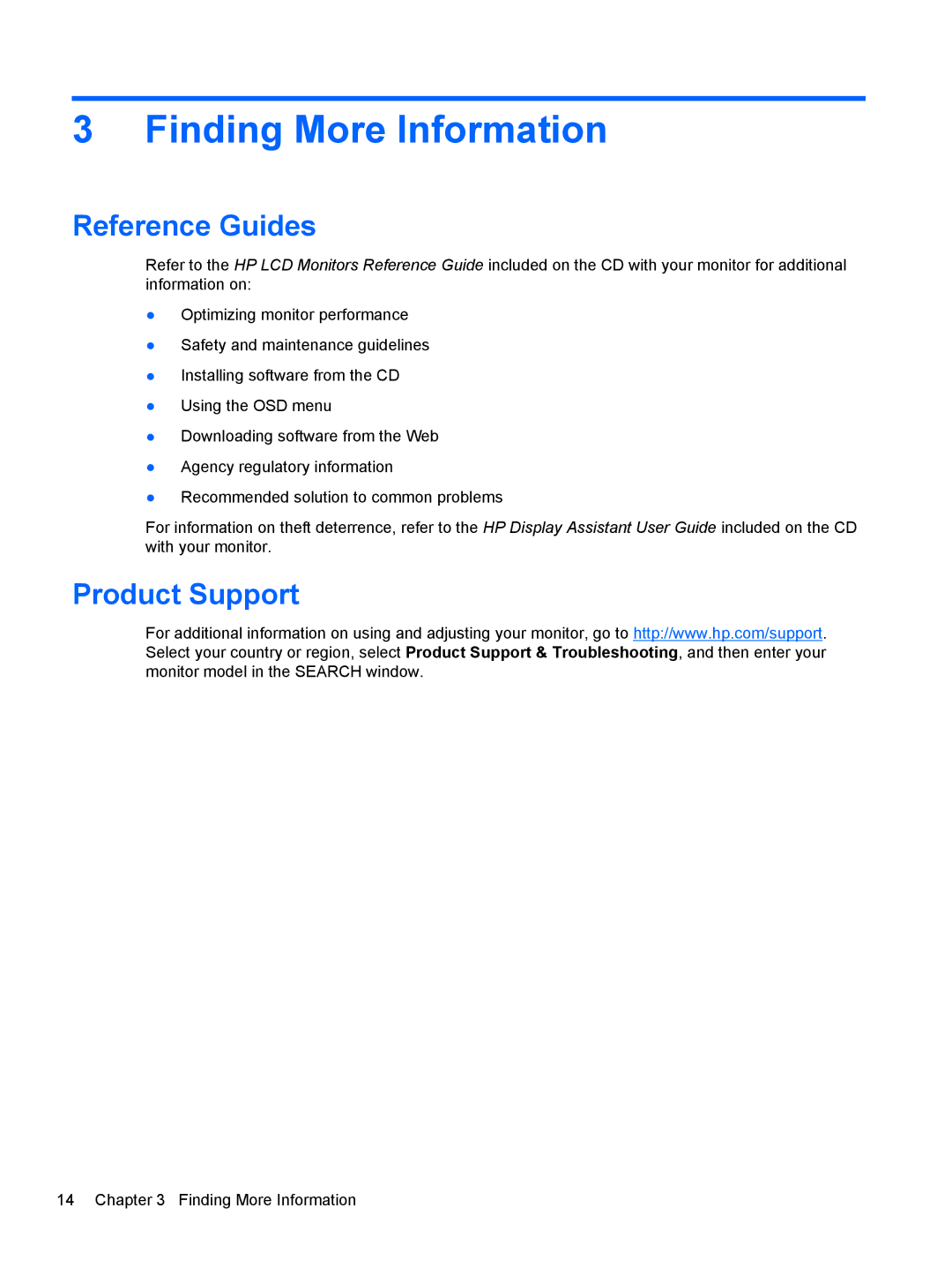 HP LA1905WG, LA2205WL, LA2205WG, LA2405x, LA2405wg, LA22F, LA1905WL Finding More Information, Reference Guides, Product Support 