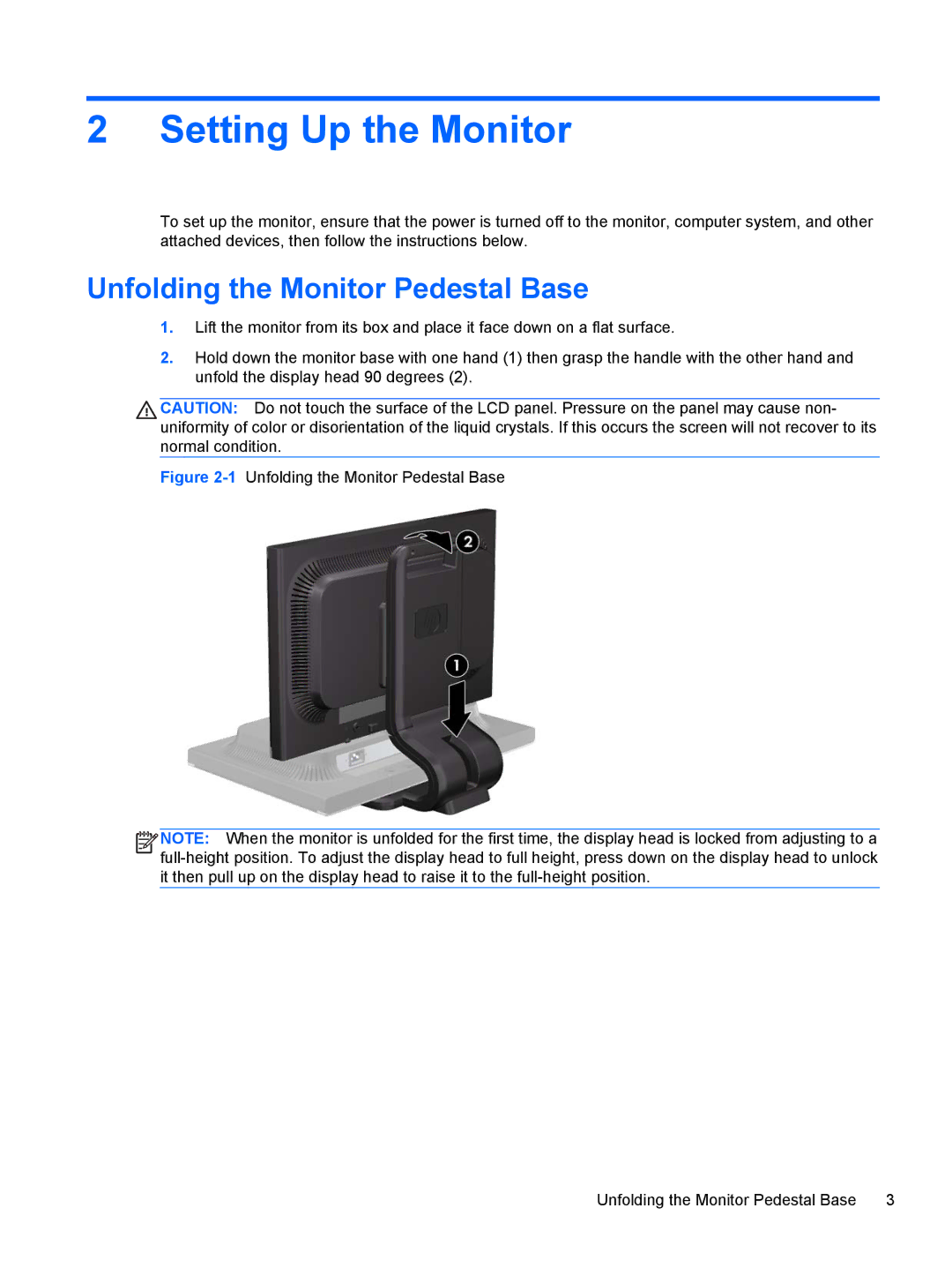 HP LA2405x, LA2205WL, LA2205WG, LA2405wg, LA22F, LA1905WL, LA1905WG Setting Up the Monitor, Unfolding the Monitor Pedestal Base 