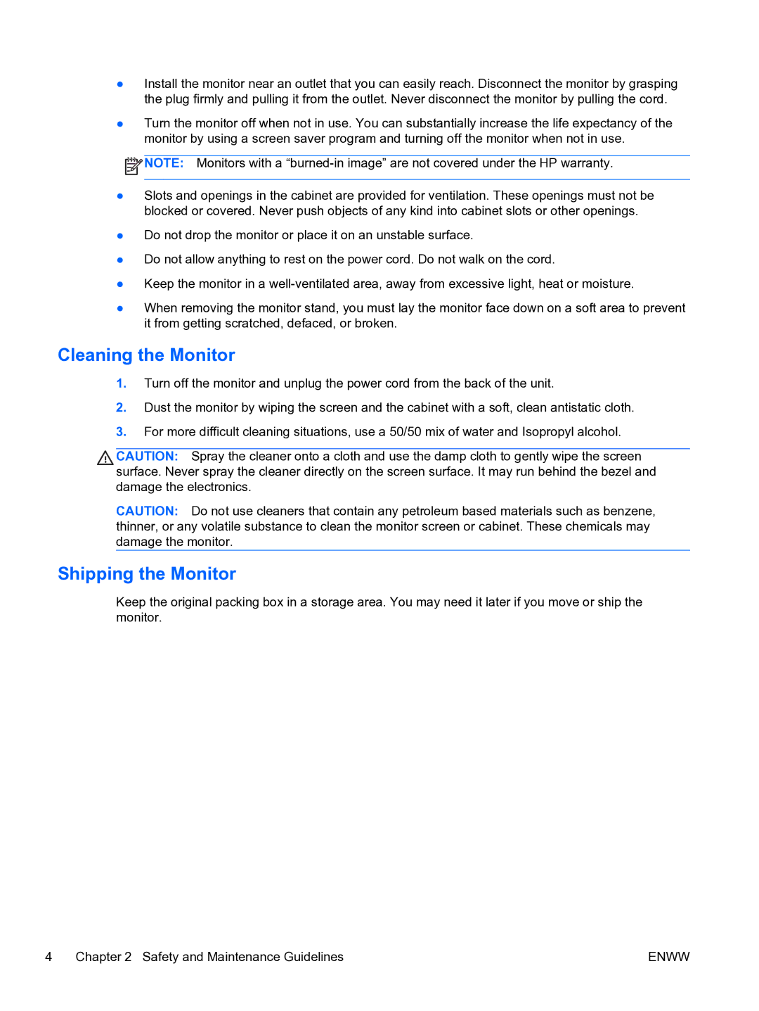 HP LA2206xc manual Cleaning the Monitor, Shipping the Monitor 