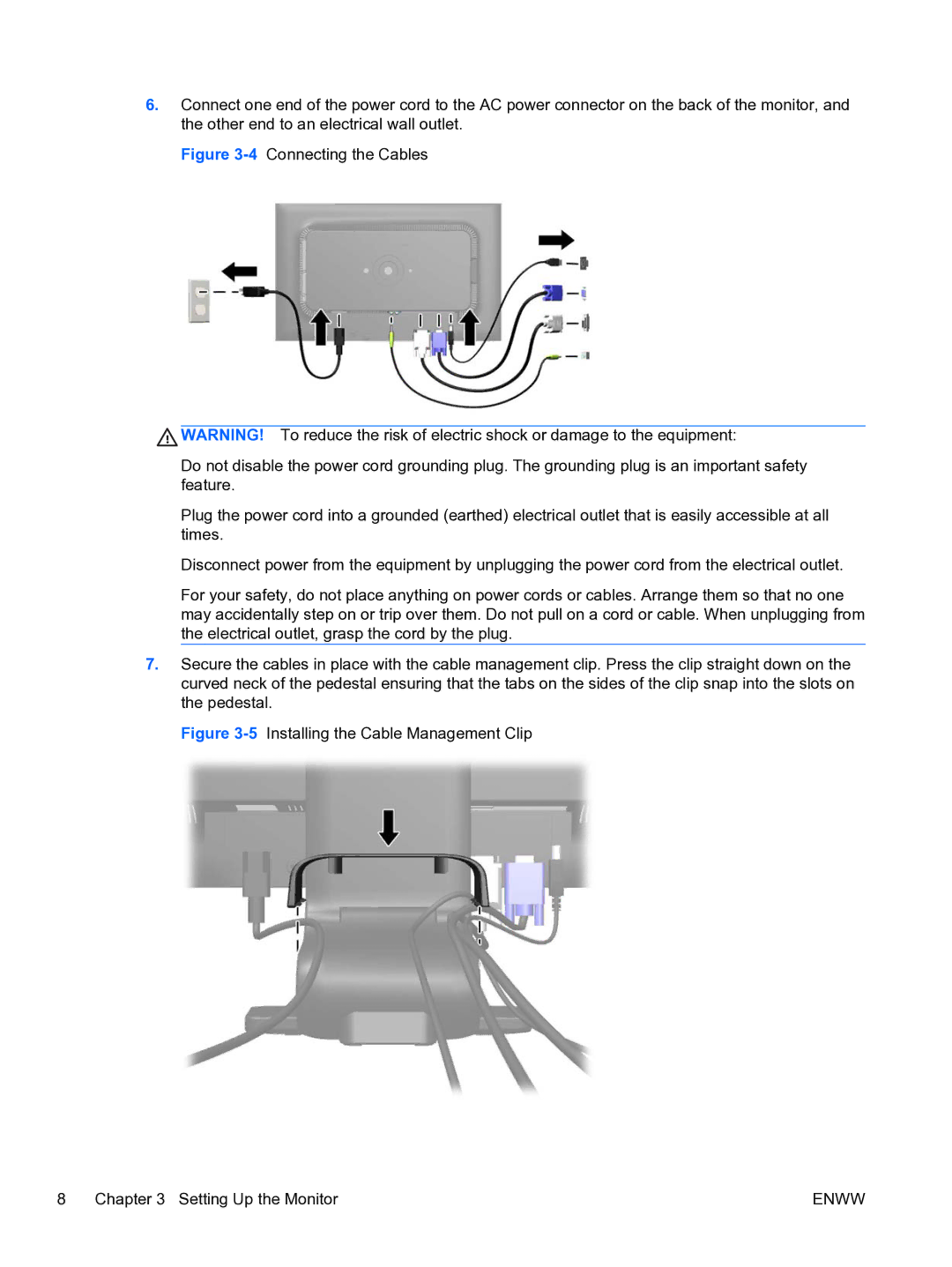 HP LA2206xc manual 5Installing the Cable Management Clip Setting Up the Monitor 