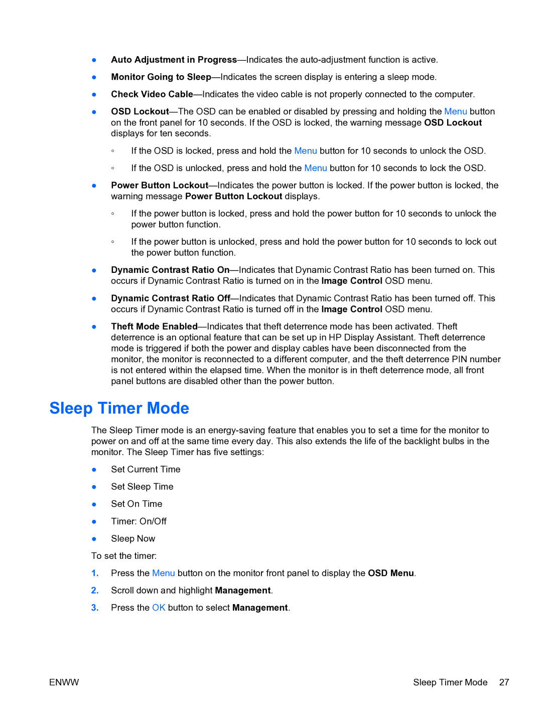 HP LA2206xc manual Sleep Timer Mode 