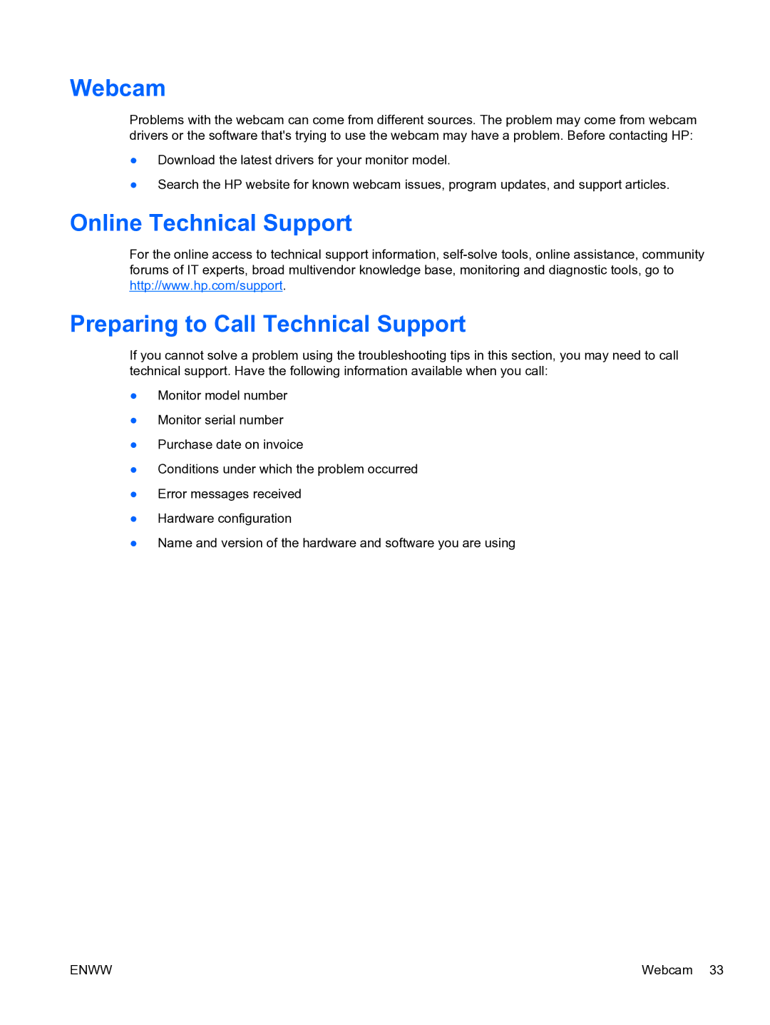 HP LA2206xc manual Webcam, Online Technical Support Preparing to Call Technical Support 