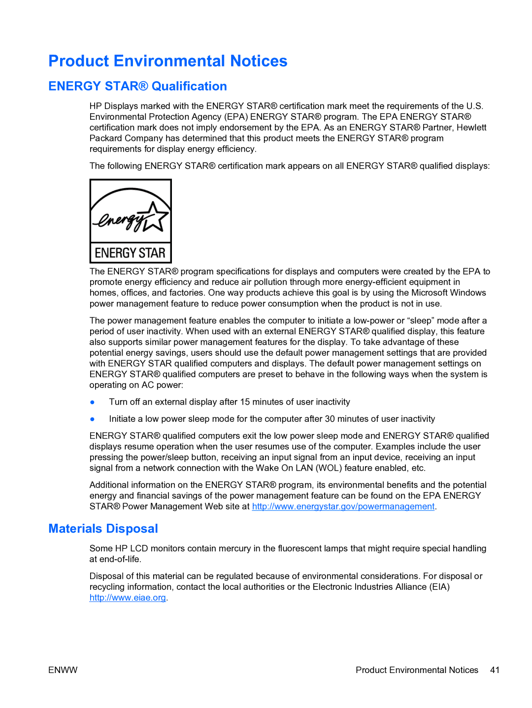 HP LA2206xc manual Product Environmental Notices, Energy Star Qualification, Materials Disposal 