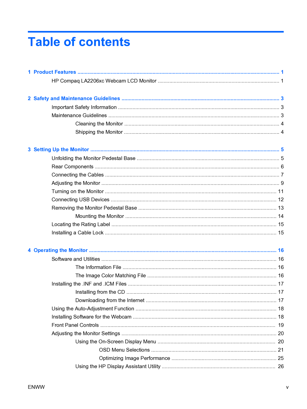 HP LA2206xc manual Table of contents 