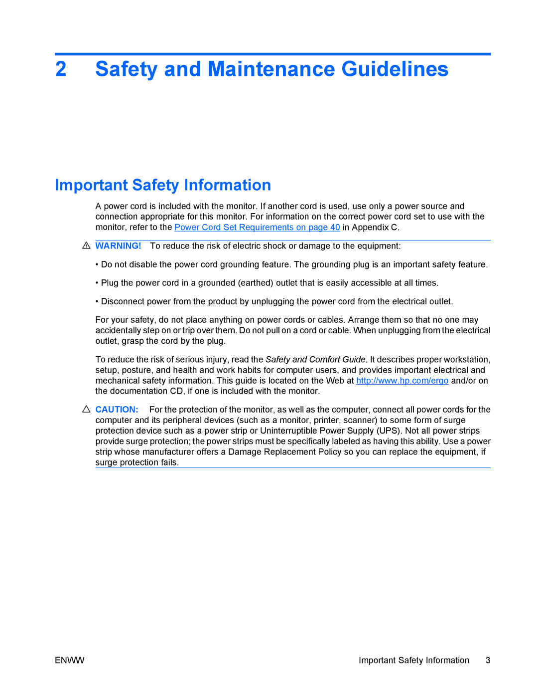 HP LA2405wg manual Safety and Maintenance Guidelines, Important Safety Information 