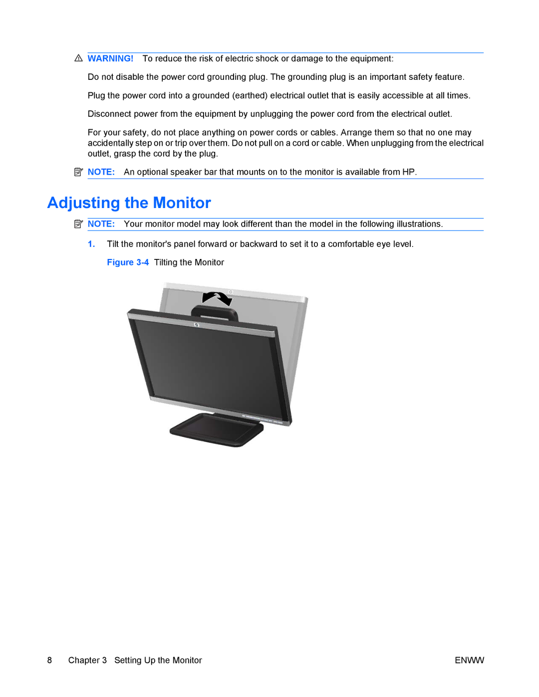 HP LA2405wg manual Adjusting the Monitor 