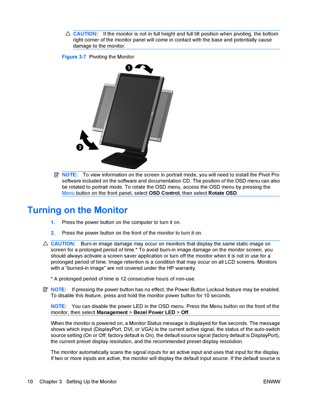 HP LA2405wg manual Turning on the Monitor, 7Pivoting the Monitor 