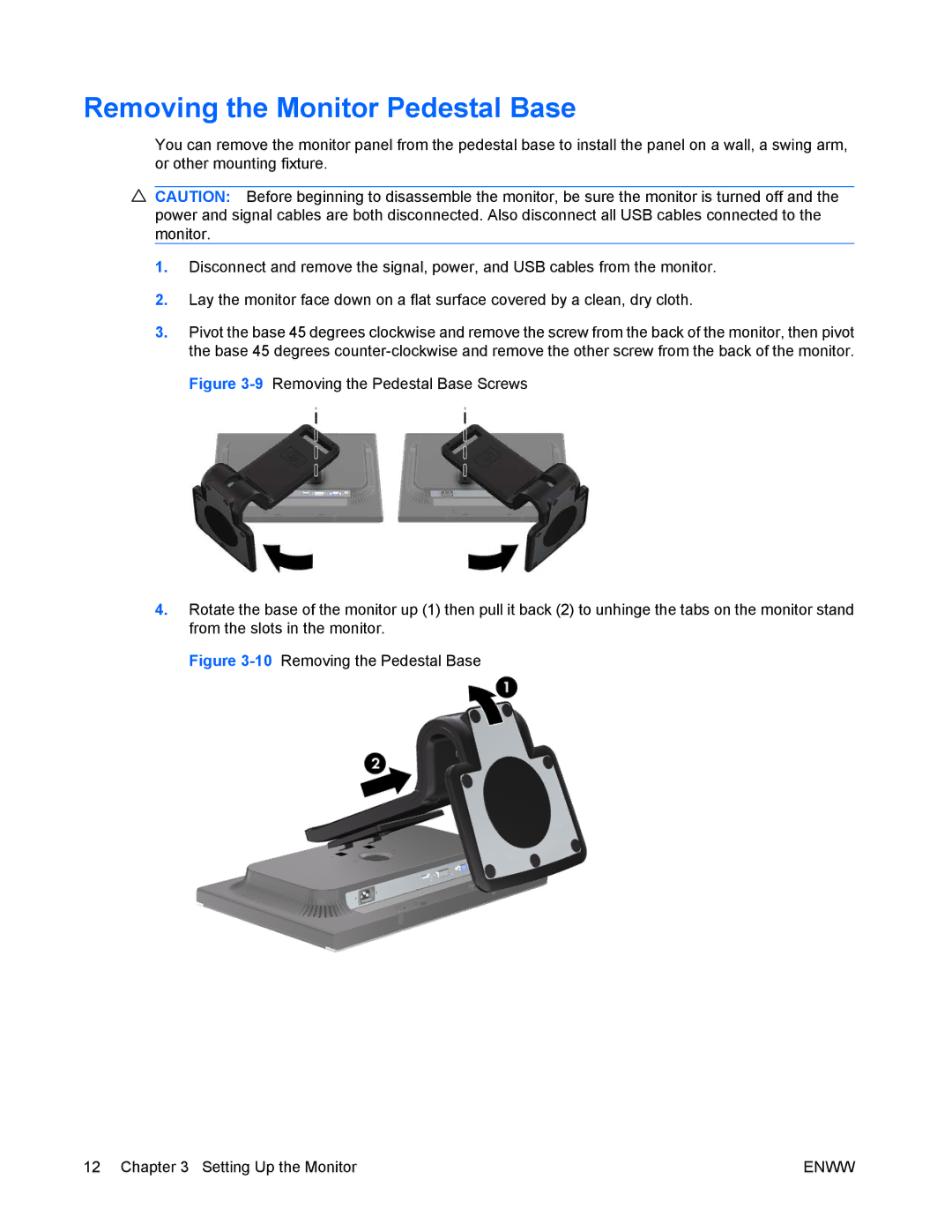 HP LA2405wg manual Removing the Monitor Pedestal Base, 10Removing the Pedestal Base Setting Up the Monitor 