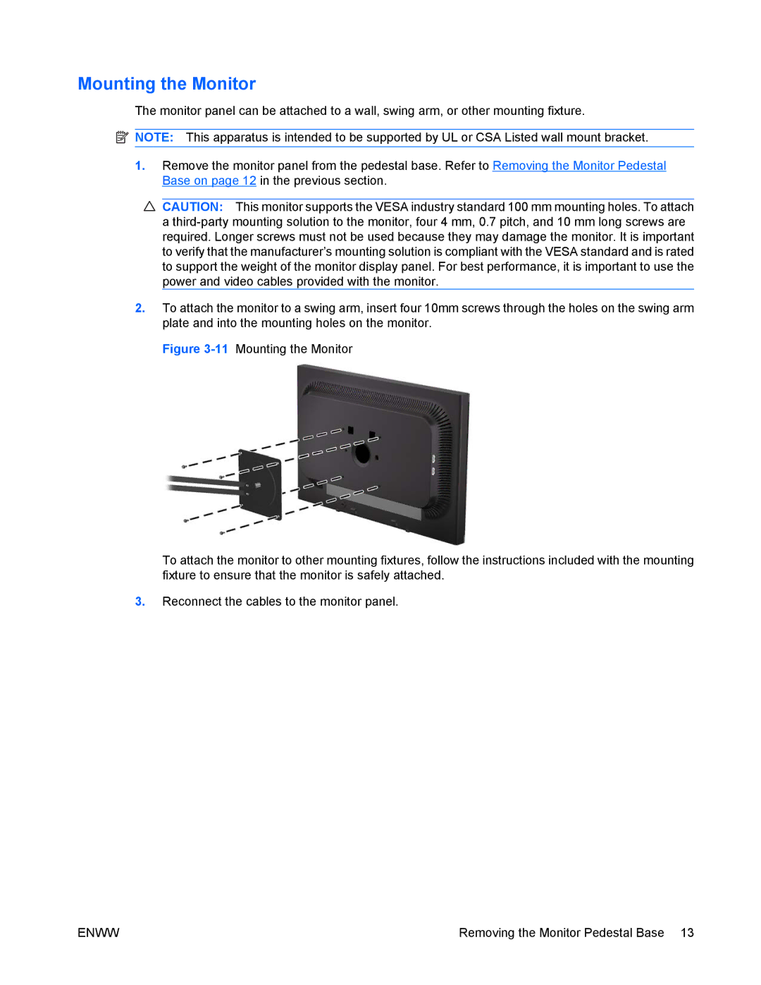 HP LA2405wg manual Mounting the Monitor 