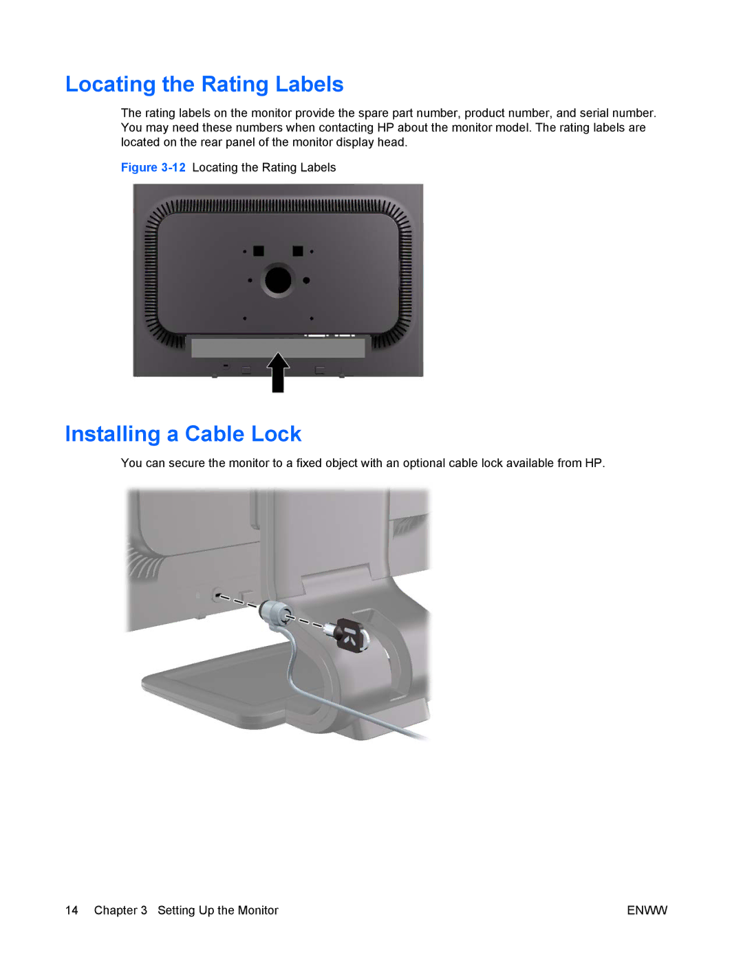 HP LA2405wg manual Locating the Rating Labels, Installing a Cable Lock 