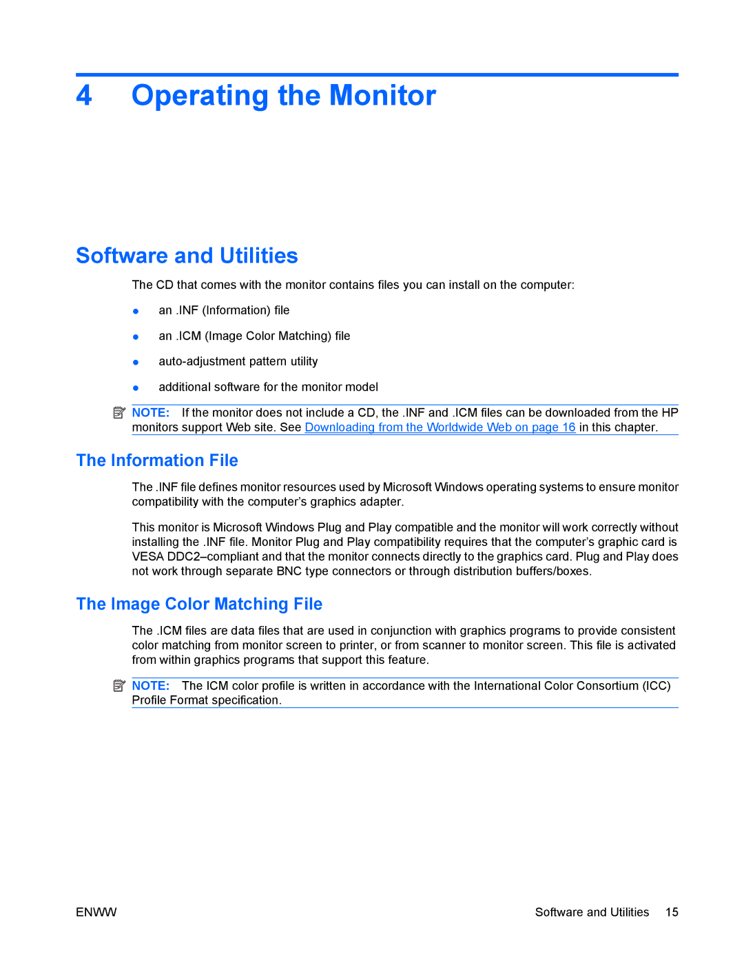 HP LA2405wg manual Operating the Monitor, Software and Utilities, Information File, Image Color Matching File 