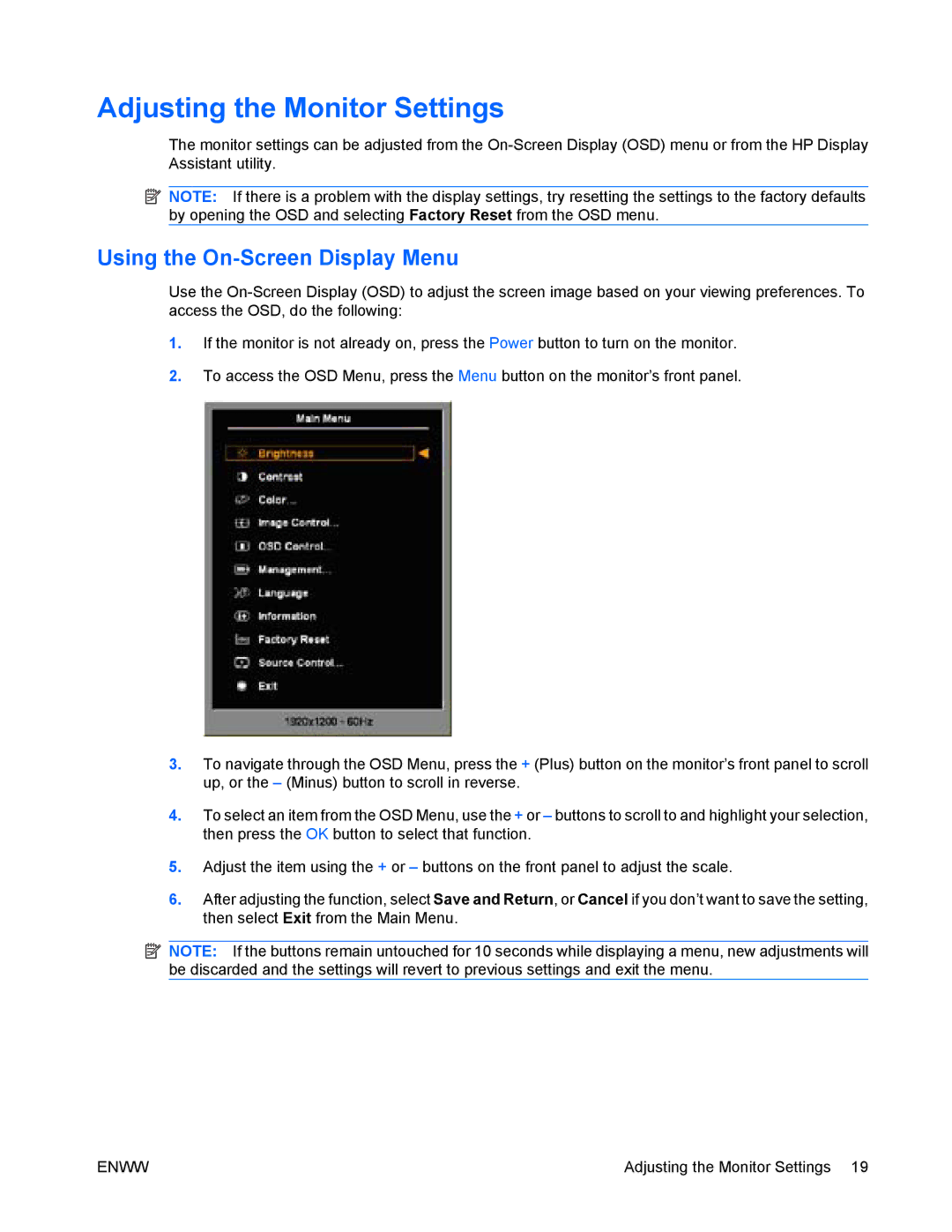 HP LA2405wg manual Adjusting the Monitor Settings, Using the On-Screen Display Menu 