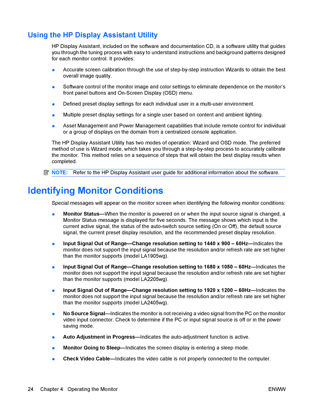 HP LA2405wg manual Identifying Monitor Conditions, Using the HP Display Assistant Utility 