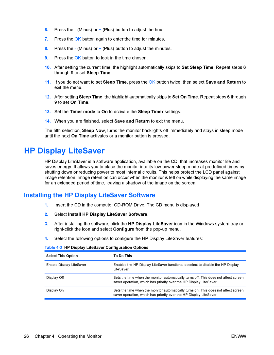 HP LA2405wg manual Installing the HP Display LiteSaver Software, 3HP Display LiteSaver Configuration Options 