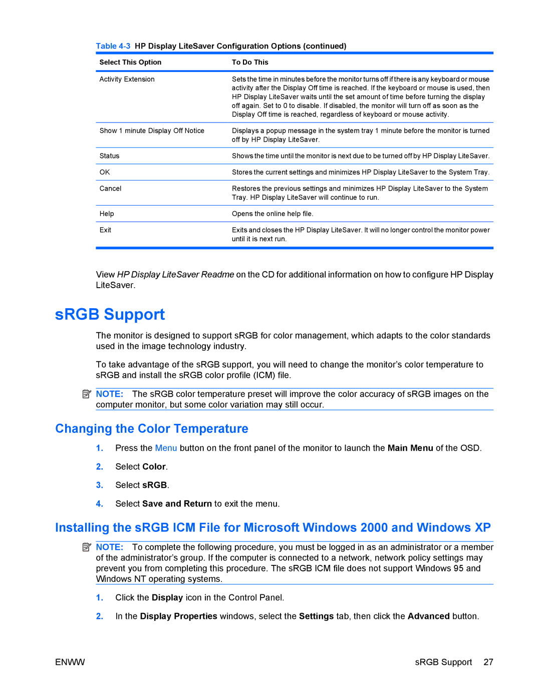 HP LA2405wg manual SRGB Support, Changing the Color Temperature 