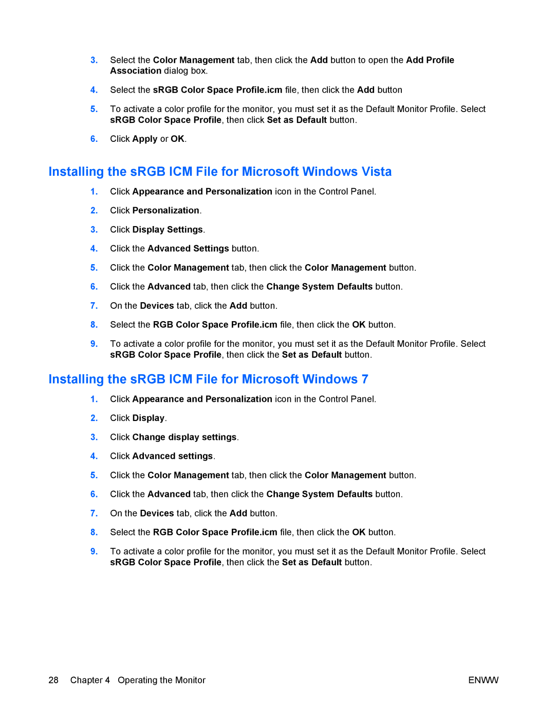 HP LA2405wg manual Installing the sRGB ICM File for Microsoft Windows Vista 